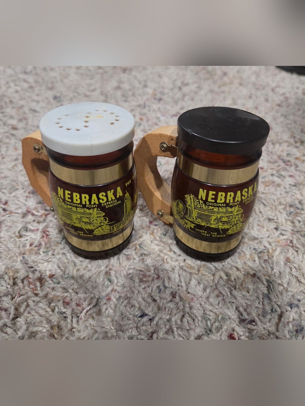 Nebraska Amber Glass Salt and Pepper Shakers with Wooden Handles